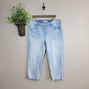 KanCan Skinny Cropped Jeans Light Wash Exposed Button Fly Frayed Split Hem 16